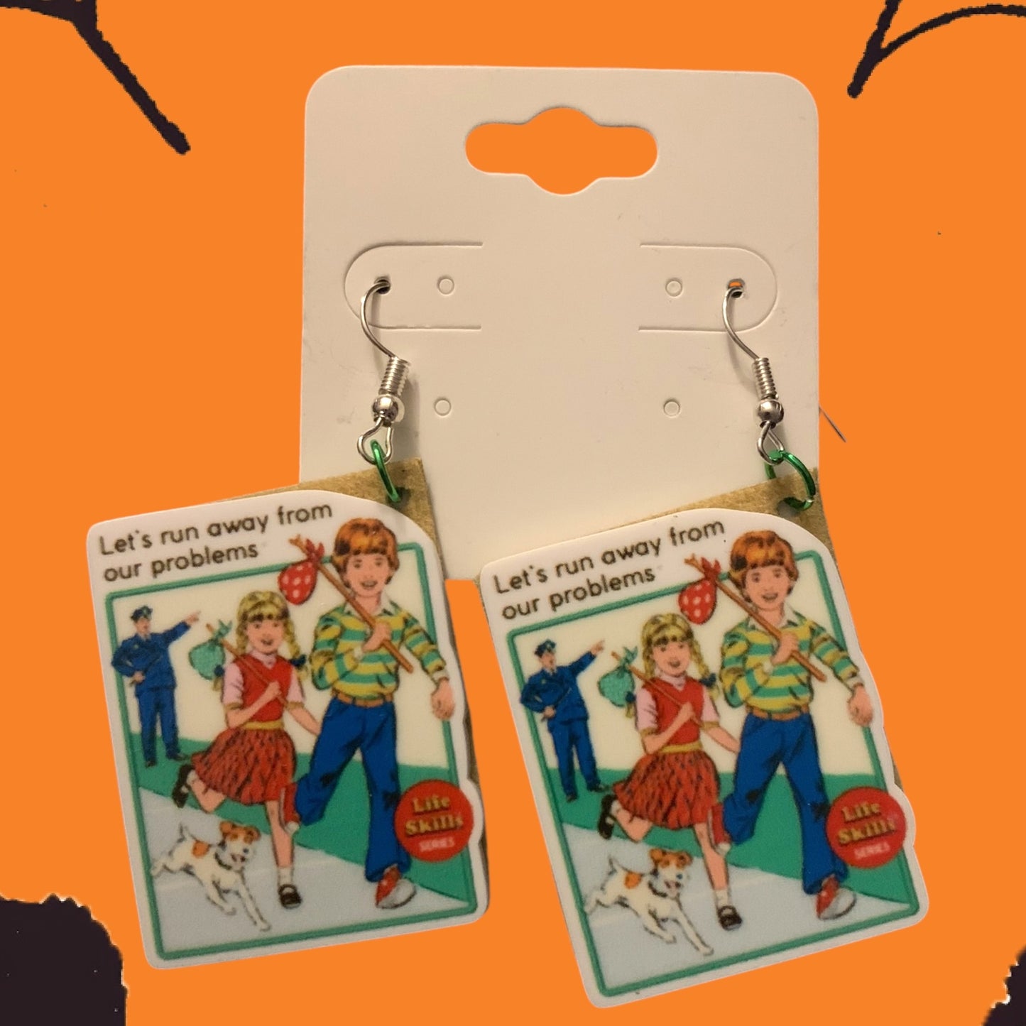 Vintage Inspired Cartoon Charm Earrings- "Let's Run Away from our Problems"- Double sided- Dangle