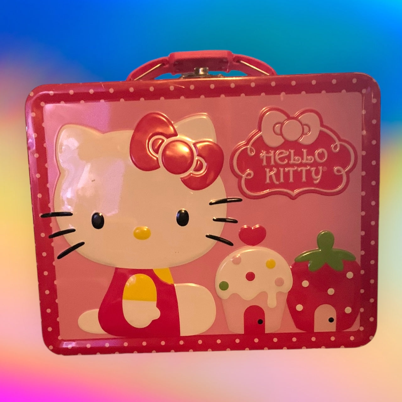 Hello Kitty- Pink Tin Lunch Box with Handle- Sanrio USA- 2013